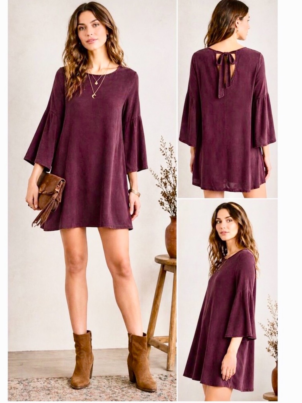 ❗️Anthropologie Cloth & Stone Plum Bell-Sleeve Mini Dress